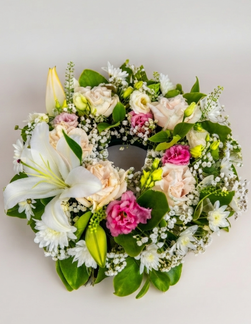 Elegant white lily sympathy wreath