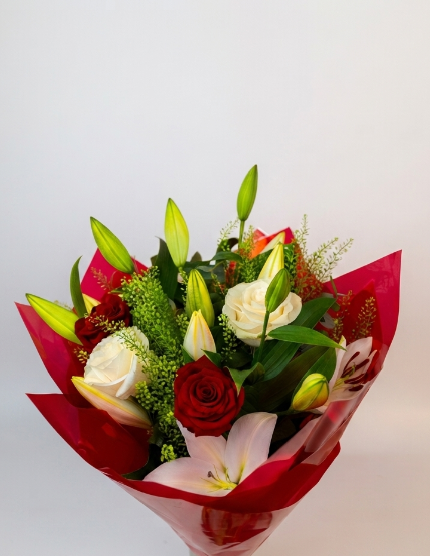 Classic red & white rose bouquet